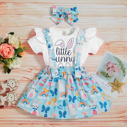 Vista 2 de AIMAOMI Toddler Kid Baby Girl Easter Outfits Short Sleeve T-Shirt Top + Bunny Suspender Skirt Outfit Skirt Set