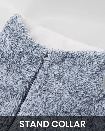 Vista 4 de BTFBM - Suéter sin botones de sherpa con capucha para mujer, con 1/4 de cremallera y manga larga, suave y mullida, de vellón Azul