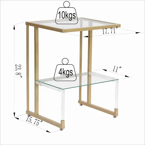 Vista 3 de Mesa auxiliar de sofá de 2 niveles, mesa auxiliar con estantes de vidrio acrílico y marco de metal