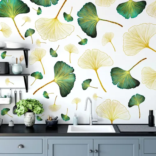 Vista 6 de Calcomanías de pared de hojas doradas, calcomanías de pared de hojas verdes, calcomanías de pared modernas para dormitorio, sala de estar, Oro
