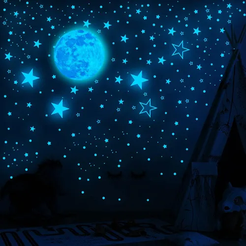 Vista 3 de 1049 piezas de estrellas y luna que brillan en la oscuridad para techo, pegatinas adhesivas decorativas para pared de habitación de niños, regalos