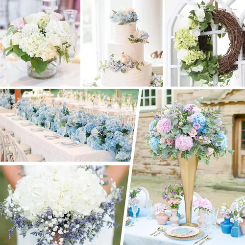 Vista 7 de Flores artificiales de hortensias de tacto real, 2 flores azules y 2 blancas de tacto real, flores de hortensias sintéticas de 21 pulgadas, flores
