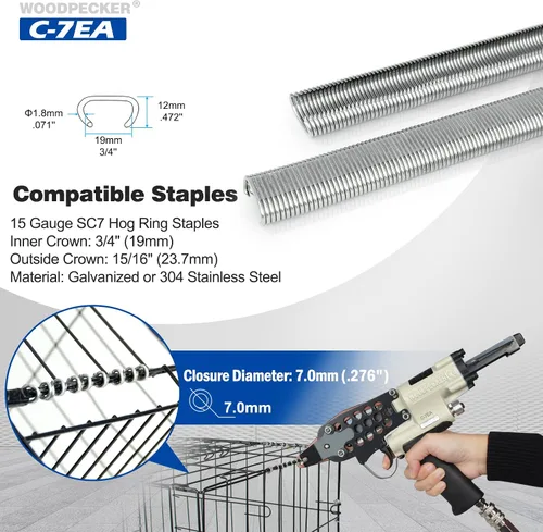 Vista 8 de Paquete de pistola de anillo de cerdo C-7EA y 1,000 grapas galvanizadas
