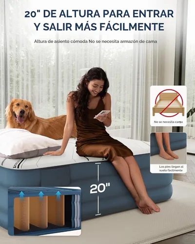 Vista 6 de Tencity - Cama de aire de inflado rápido, silenciosa y cómoda para invitados en el hogar, campamento, viajes, colchón de aire de lujo con cubierta