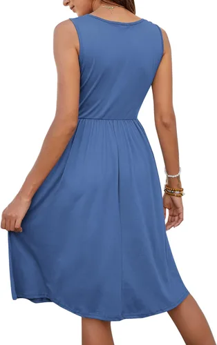 Vista 4 de MOLERANI Vestido de verano para mujer, sin mangas, estilo casual, suelto, con vuelo, botones, midi, con bolsillos 01-beja Blue