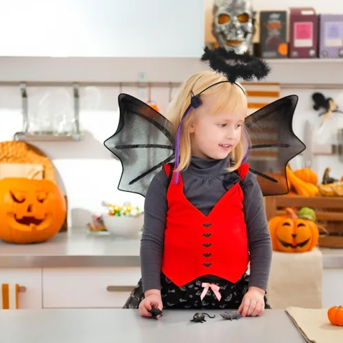 Vista 2 de SULOLI Diademas con halo de ángel de Halloween, 2 piezas de plumas extra para el pelo, accesorio de cosplay para niños y adultos
