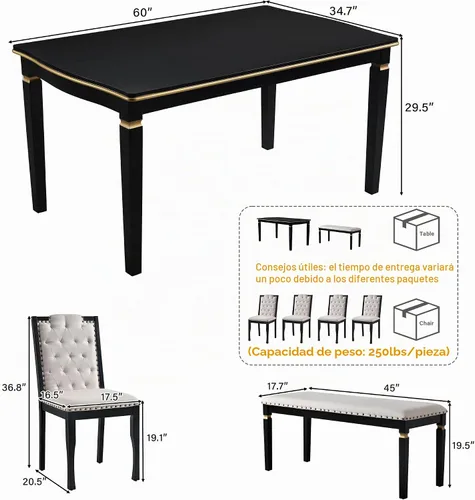 Vista 6 de Merax Juego de mesa de comedor de 6 piezas con banco, mesa rectangular de madera de 60 pulgadas con 4 sillas copetudas de respaldo alto y 1 banco