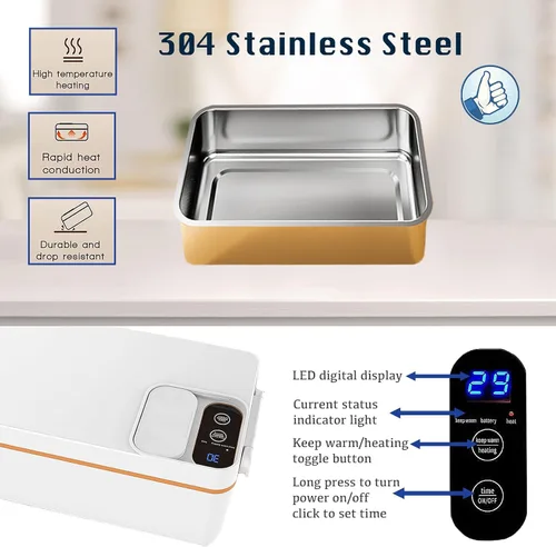 Vista 6 de BJLIFE Lonchera eléctrica inalámbrica con calefacción, calentador de alimentos con batería recargable, calentador de alimentos portátil de 1 litro