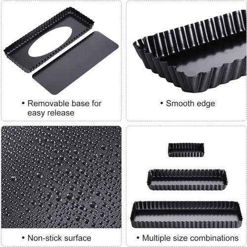 Vista 5 de Boao 3 sartenes rectangulares para quiche de 14, 10 y 4 pulgadas, antiadherentes, con parte inferior suelta extraíble, bordes acanalados para tartas