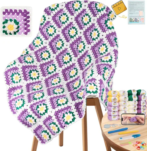 Vista 12 de Kit de Ganchillo Coopay para Principiantes para Manta, Kit de Ganchillo de Cuadrados de Abuela con Instrucciones y Suficiente Hilo, Juego Completo