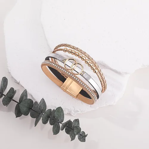 Vista 6 de FANCY SHINY Pulseras bohemias de cuero con cuentas doradas para mujer, apilables con cierre magnético