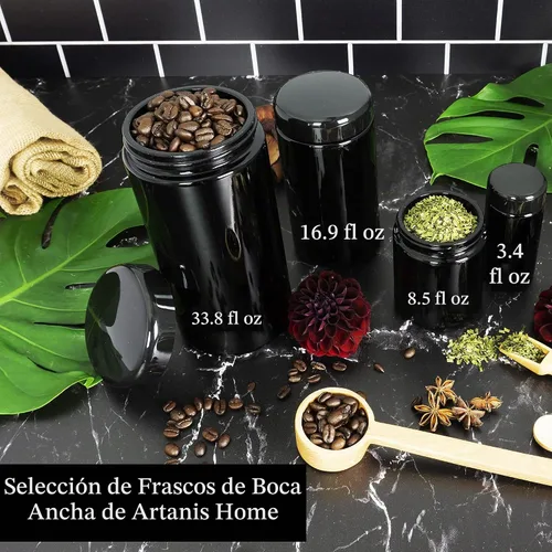 Vista 6 de Tarro de vidrio ultravioleta negro con tapa, recipiente hermético a prueba de olores de 8 onzas, almacenamiento de hierbas de cuello ancho, ideal