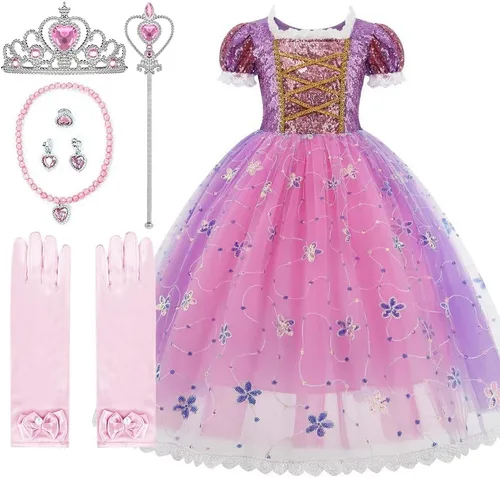 Vista 4 de TPMG Disfraz de princesa Rapunzel para niñas de 3 a 10 años, ropa de disfraces de Halloween para niños, juego de simulación, cumpleaños