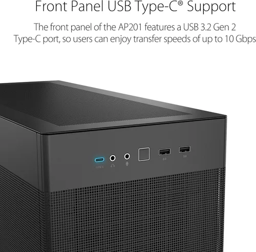 Vista 7 de Cajas de PC ASUS Prime AP201 de 33 litros Micro ATX color negro con paneles laterales sin herramientas y malla de filtro cuasi, con soporte