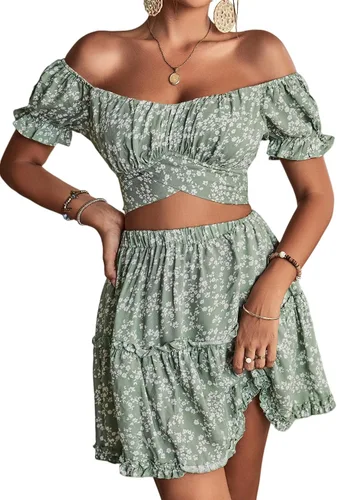 Vista 5 de LYANER Conjunto de 2 piezas para mujer con estampado floral y hombros descubiertos y minifalda