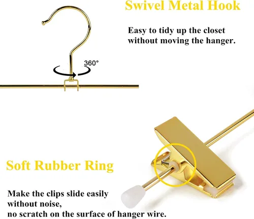 Vista 4 de Amber Home Paquete de 10 perchas de metal dorado brillante de 12 pulgadas para pantalones, resistentes para pantalones con 2 clips antideslizantes