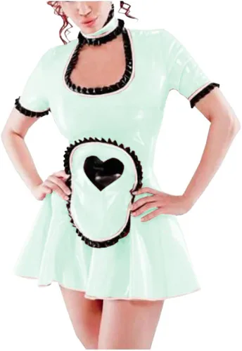 Vista 2 de Sexy Lolita - Disfraz exótico de sirvienta de cuello alto y manga corta con volantes de PVC, delantal con bordes de corazones, vestido de sirvienta