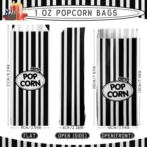 Vista 2 de Sherr 1000 Piezas Bolsas de Palomitas de Maíz de 1 Onza a Granel Negras con Rayas Retro Desechables para Noches de Película Navidad Circo Carnaval