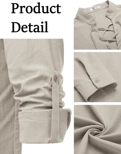 Vista 5 de COOFANDY Camisas de lino y algodón para hombre, disfraz de playa, hippie, renacentista, medieval, manga larga, con cordones