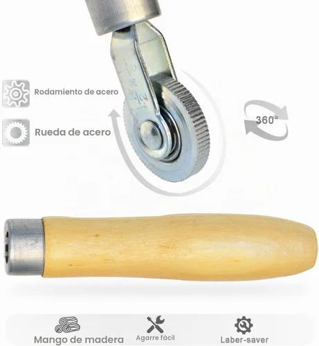 Vista 3 de Herramienta de reparación de neumáticos con rodillo de parche, mango de madera, 1 1/2" de diámetro (6mm)
