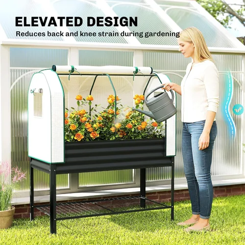 Vista 5 de Outsunny Cama de jardín elevada galvanizada con cubierta de invernadero Negro
