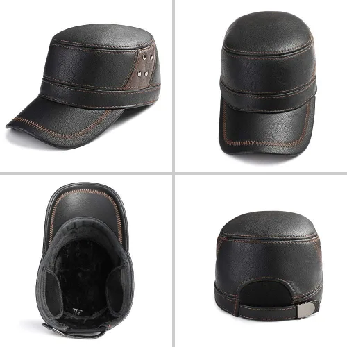 Vista 2 de Sumolux Gorra de cuero para hombre de invierno con orejeras militares cadete ejército sombrero superior plano