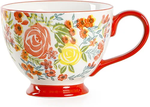 Vista 10 de CHOOLD Elegante taza de café grande de cerámica pintada a mano con patrón floral para té y leche, taza de cereales para cocina, cena, 15 onzas