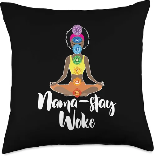 Vista 5 de Namaste Yoga Gifts – Almohada para yoga con diseño de Nama Stay Woke DressedForDuty Nama Stay Woke – Black Afro Girl Chakra, Namaste Yoga Throw