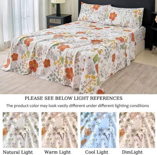 Vista 7 de Zusbest Juego de sábanas florales de 100 % algodón percal, color naranja y amarillo, juego de sábanas suaves y transpirables con diseño botánico