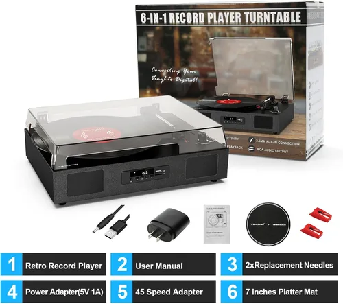 Vista 5 de Tocadiscos de discos de vinilo con altavoces estéreo integrados, tocadiscos vintage de 3 velocidades para discos de vinilo, grabación USB SD