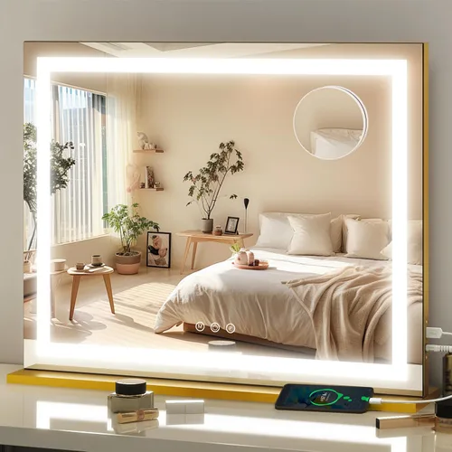Vista 21 de FENNIO - Espejo de tocador con luces, espejo de maquillaje iluminado LED, pantalla táctil con 3 modos de iluminación, regulable, para mesa