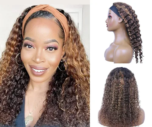 Vista 15 de WENYAN Peluca de cabello humano ondulado profundo con diadema de 20 Negro (Natural Black)
