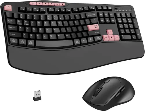 Vista 11 de Combo de teclado y mouse inalámbricos, teclado ergonómico con 6 teclas multimedia, teclado de tamaño completo 2.4G con reposamuñecas, mouse