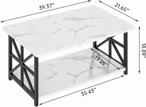 Vista 2 de AWQM Mesa de Centro de Mármol Sintético para Sala de Estar con Esquinas Redondas, Mesa de Sala de Estar de 2 Niveles con Estante de Almacenamiento