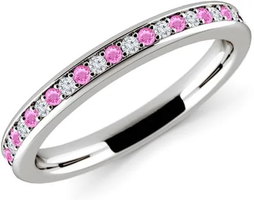 Vista 2 de Anillo de boda alternativo de zafiro rosa y diamante blanco para mujer, acabado de oro de 14 quilates, anillo de aniversario de media eternidad