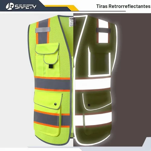 Vista 4 de JKSafety Chaleco de seguridad frontal con cremallera de alta visibilidad Clase 2 de 9 bolsillos con tiras reflectantes, cumple con las normas