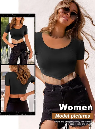 Vista 3 de Dresswel Nashville - Blusa corta brillante de manga corta con flecos de diamantes de imitación para verano, blusa corta con borlas y purpurina