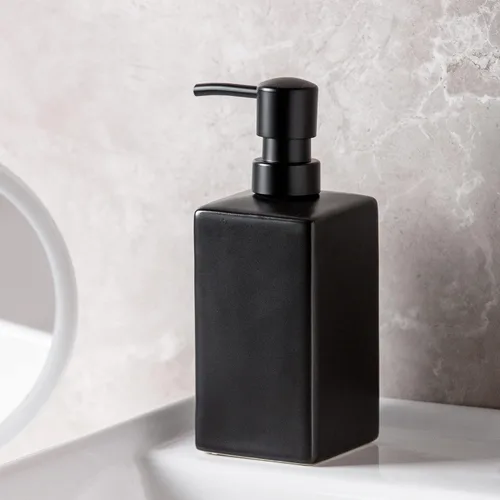 Vista 2 de Dispensador de jabón y loción cuadrado de cerámica negra mate para baño, dispensador de jabón para platos para cocina, 14 onzas