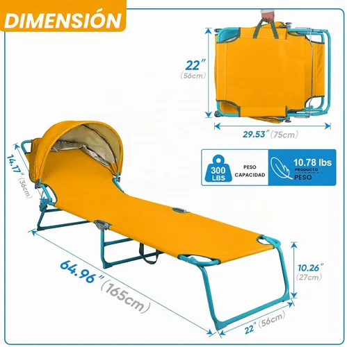 Vista 3 de Northroad Sillón de playa con toldo y toldo plegable, ajustable en 4 posiciones, silla de bronceado plegable para exteriores, tumbona resistente al