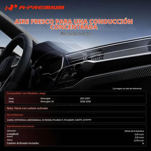 Vista 2 de A-Premium 2-PC Filtro de aire de habitáculo con carbón activado Compatible con modelos Jeep - Wrangler 2011 3.6L, Wrangler 2012-2017 3.8L, Wrangler