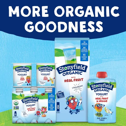 Vista 6 de Stonyfield Organic Kids - Bolsa de yogur de leche entera de pera, espinacas, mango, 3.5 onzas, 1 unidad, fruta y verduras reales; baja en grasa, sin