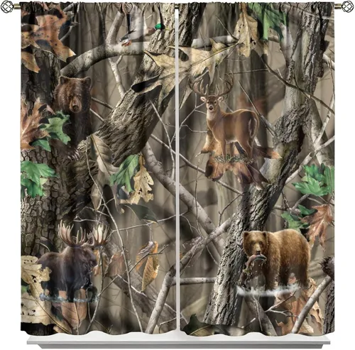 Vista 67 de Cortinas opacas de camuflaje de bosque, animales salvajes, osos, ciervos, alces, con bolsillo para barra, para sala de estar, dormitorio, decoración