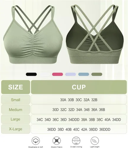 Vista 6 de VEQKING Brasier deportivo con espalda cruzada para mujer, brasier deportivo fruncido, soporte medio, brasier de yoga con relleno extraíble