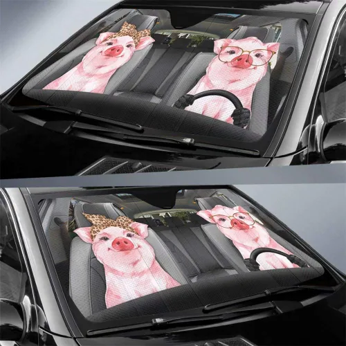Vista 2 de Parasol para parabrisas de automóvil con diseño de pareja de cerdos, bloques de protección solar plegable para mascotas, protección solar contra