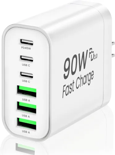 Vista 9 de Bloque de cargador USB C GaN de 90 W, cargador de pared USB C de 6 puertos de carga rápida, adaptador de corriente PD de 45 W para iPhone 17Pro Beige