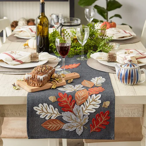 Vista 5 de DII Decoración de mesa de otoño bordada para comedor de Acción de Gracias, camino de mesa, 14 x 70 pulgadas, hojas de otoño