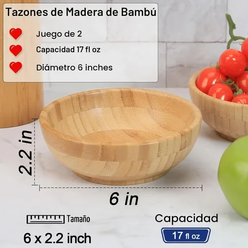 Vista 2 de Tazones de madera de bambú, cuenco redondo de 6 pulgadas para ensaladas, frutas, pasta, verduras, cuenco de sopa poco profundo artesanal de 17 onzas