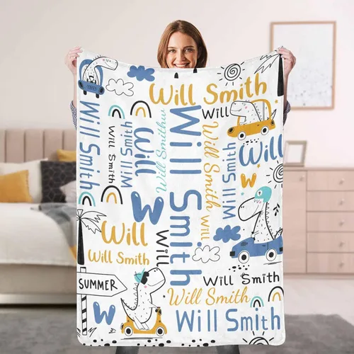Vista 26 de YESCUSTOM Manta de forro polar de dinosaurio personalizada para niños y niñas, manta de texto personalizada para regalo de cumpleaños y ducha