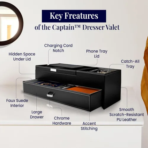 Vista 4 de HOUNDSBAY Captain Dresser & Nightstand Valet Organizador Caja de almacenamiento con Catchall y estación de carga (negro)