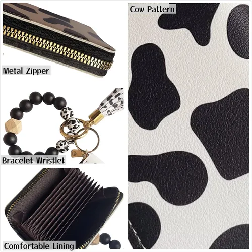 Vista 4 de Llavero de pulsera con bonito estampado de vaca, tarjetero con bolsillo, monedero, llavero para mujer, Whiteblack Ch